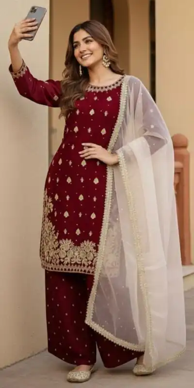 Maroon Zimmy Silk Embroider Work Salwar Suit | Jump Suits, Salwar suit, Casual Suits, Creative suits, Designer Suits, Palazzo Suits, Party Wear Suits, Patiala Suits, Straight Suits