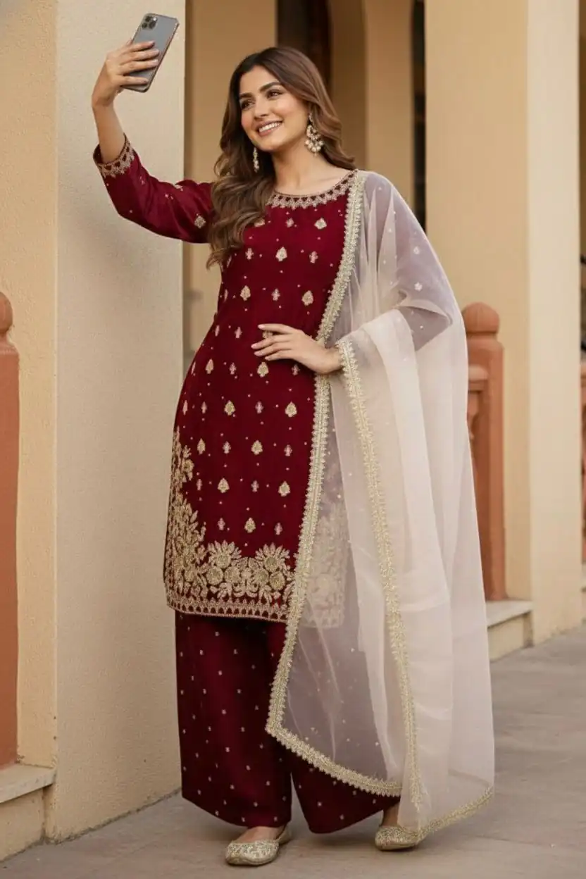 Maroon Zimmy Silk Embroider Work Salwar Suit | Jump Suits, Salwar suit, Casual Suits, Creative suits, Designer Suits, Palazzo Suits, Party Wear Suits, Patiala Suits, Straight Suits