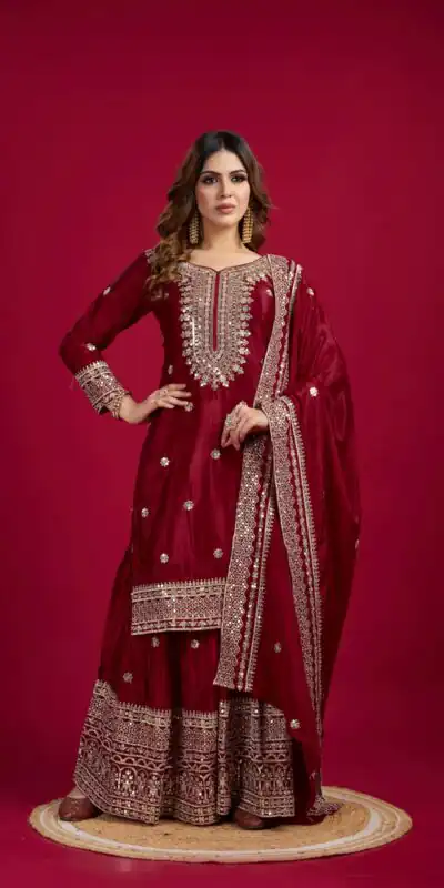 Marron Chinnon Silk With Embroidery Work Sharara Suit | Jump Suits, Salwar suit, Casual Suits, Creative suits, Designer Suits, Palazzo Suits, Party Wear Suits, Patiala Suits, Straight Suits