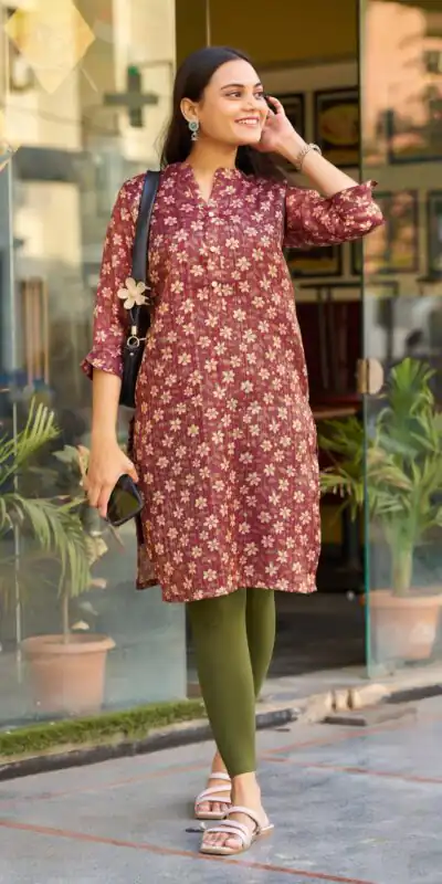 Marron Simmer Silk Office Wear Printed Kurti | Kurti, Bollywood Kurti, Creative Kurtis, Designer Kurti, Party Wear Kurti, Selfie Kurti