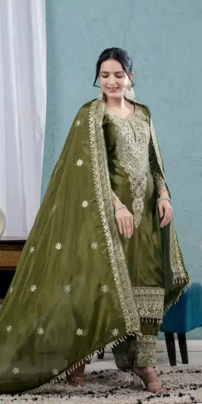 Mehandi Chinon Silk Lace Embroidery Work Salwar Suit | Jump Suits, Salwar suit, Casual Suits, Creative suits, Designer Suits, Palazzo Suits, Party Wear Suits, Patiala Suits, Straight Suits