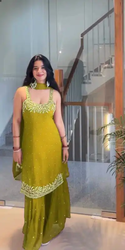 Mehandi Faux Georgette With Lace Work Salwar Suit | Jump Suits, Tops & Bottoms, Track Suits, Salwar suit, Casual Suits, Creative suits, Designer Suits, Palazzo Suits, Party Wear Suits, Patiala Suits, Straight Suits, Trendy Wear