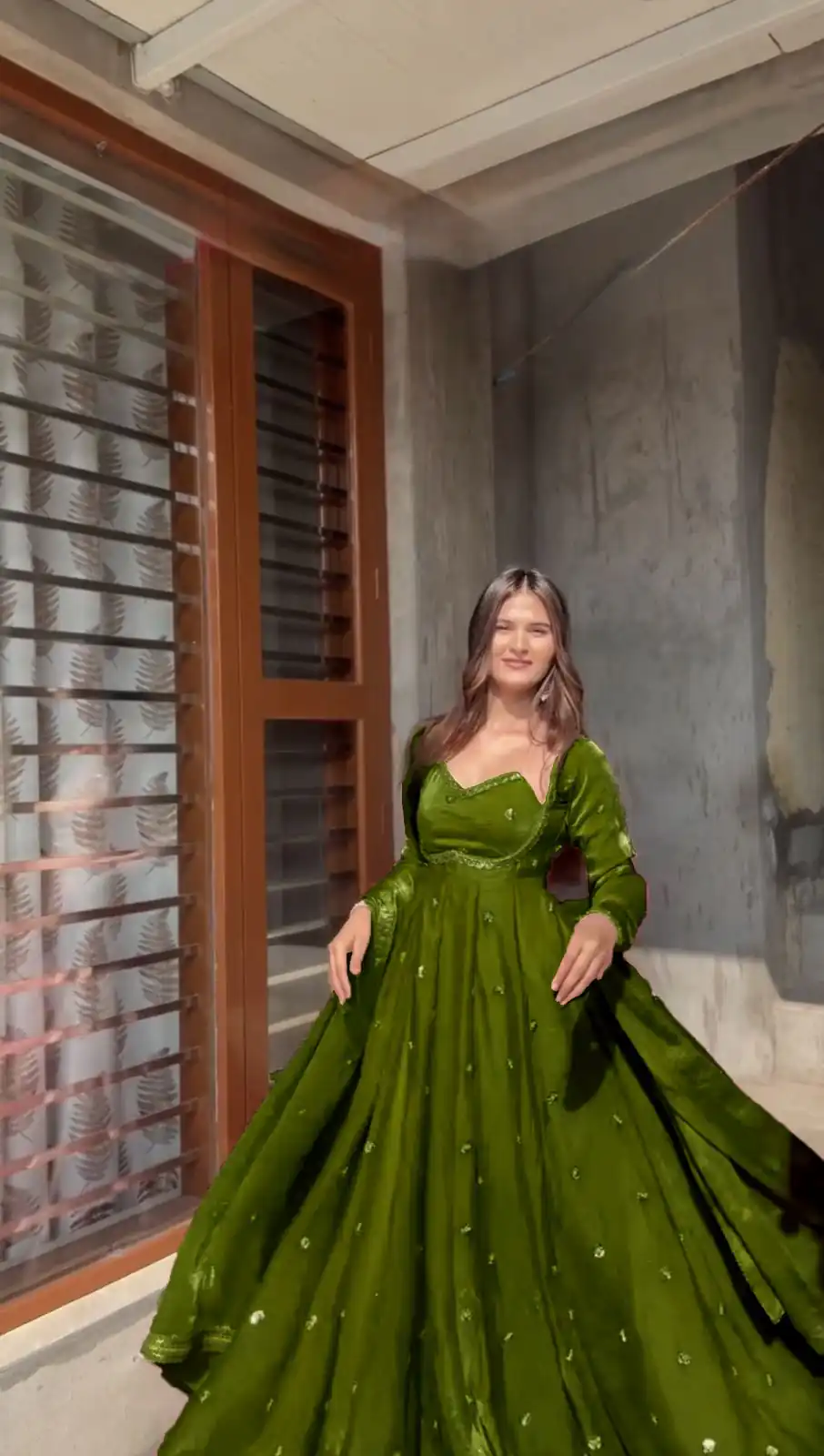 Mehandi Fendy Silk Lace Work Gown | Gowns, Bollywood Gowns, Creative Gowns, Designer Gowns, Embroidered Gowns, Party Wear Gowns