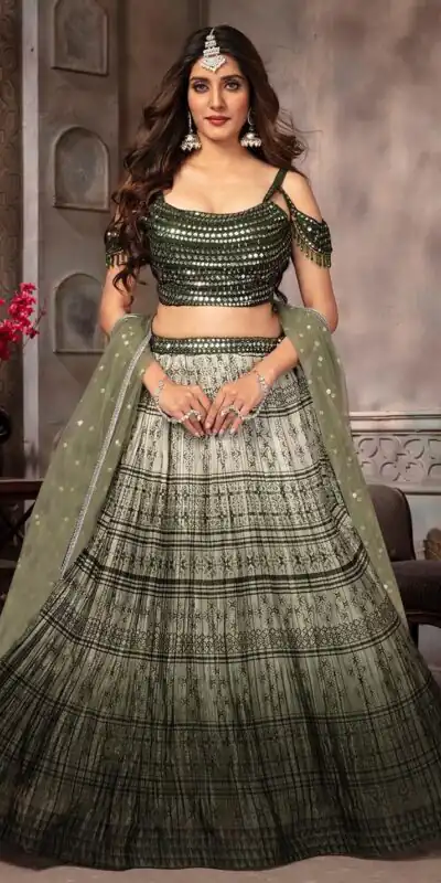 Mehandi Kasturi Silk Crap Sequence Work Lehenga Choli | Lehenga, Bollywood Lehenga, Creative Lehenga, Designer Lehenga, Embroidered Lehenga, Party Wear Lehenga