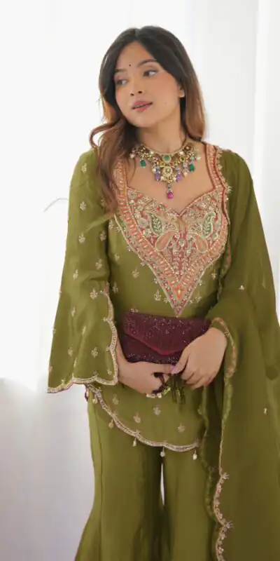 Mehandi Simar Silk Embroidery Work Salwar Suit | Jump Suits, Salwar suit, Casual Suits, Creative suits, Designer Suits, Palazzo Suits, Party Wear Suits, Patiala Suits, Straight Suits