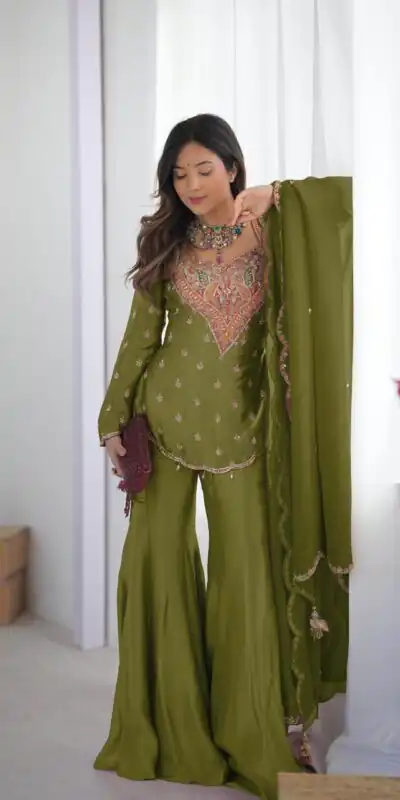 Mehandi Simar Silk Embroidery Work Salwar Suit | Jump Suits, Salwar suit, Casual Suits, Creative suits, Designer Suits, Palazzo Suits, Party Wear Suits, Patiala Suits, Straight Suits