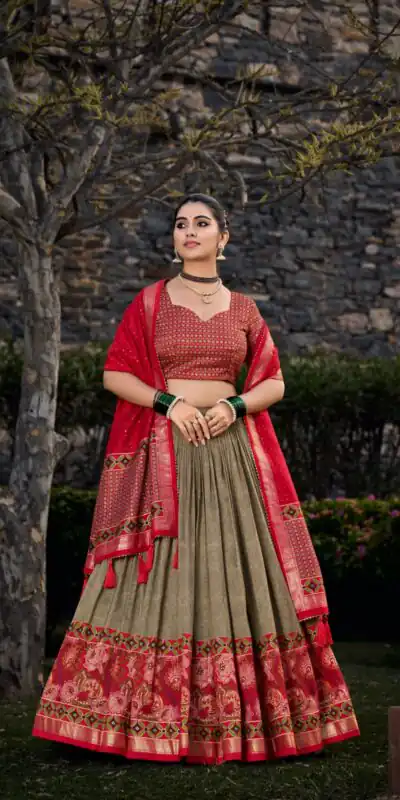 Mehandi Tasar Silk Print Lehenga Choli | Lehenga, Bollywood Lehenga, Creative Lehenga, Designer Lehenga, Embroidered Lehenga, Party Wear Lehenga
