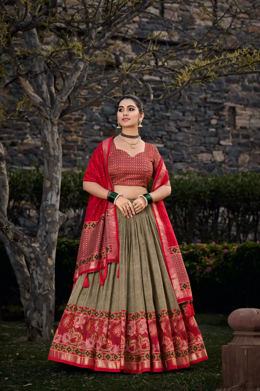 Mehandi Tasar Silk Print Lehenga Choli | Lehenga, Bollywood Lehenga, Creative Lehenga, Designer Lehenga, Embroidered Lehenga, Party Wear Lehenga