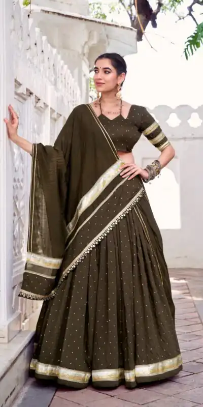 Mehendi Chanderi Lace Zari Work Lehenga Choli | Lehenga, Bollywood Lehenga, Creative Lehenga, Designer Lehenga, Embroidered Lehenga, Party Wear Lehenga