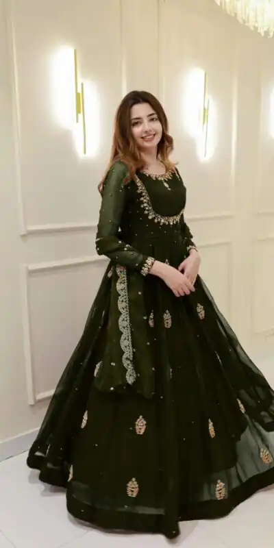 Mehendi Georgette Embroidery Work Gown | Gowns, Bollywood Gowns, Creative Gowns, Designer Gowns, Embroidered Gowns, Party Wear Gowns
