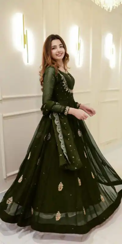 Mehendi Georgette Embroidery Work Gown | Gowns, Bollywood Gowns, Creative Gowns, Designer Gowns, Embroidered Gowns, Party Wear Gowns