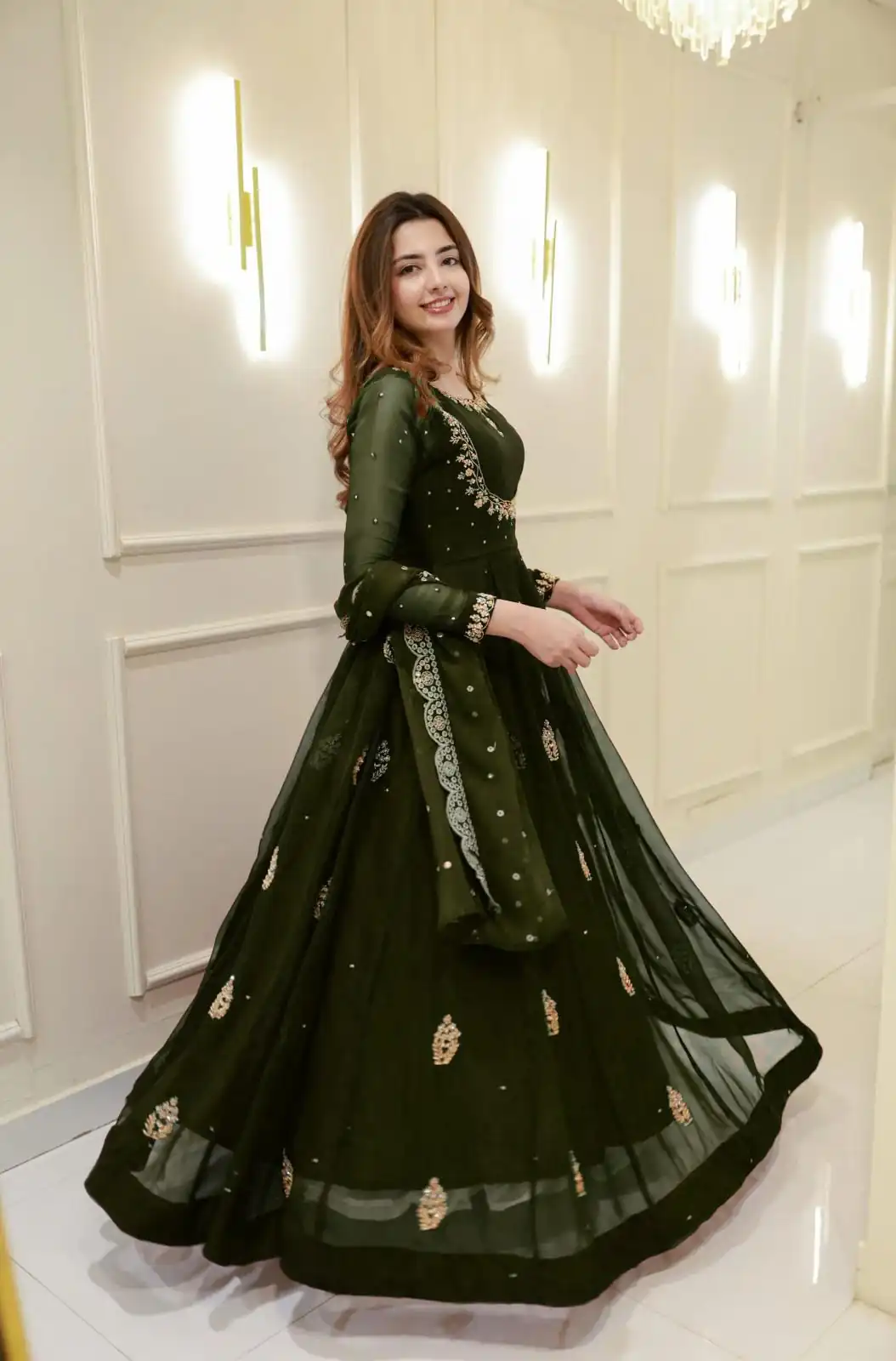 Mehendi Georgette Embroidery Work Gown | Gowns, Bollywood Gowns, Creative Gowns, Designer Gowns, Embroidered Gowns, Party Wear Gowns