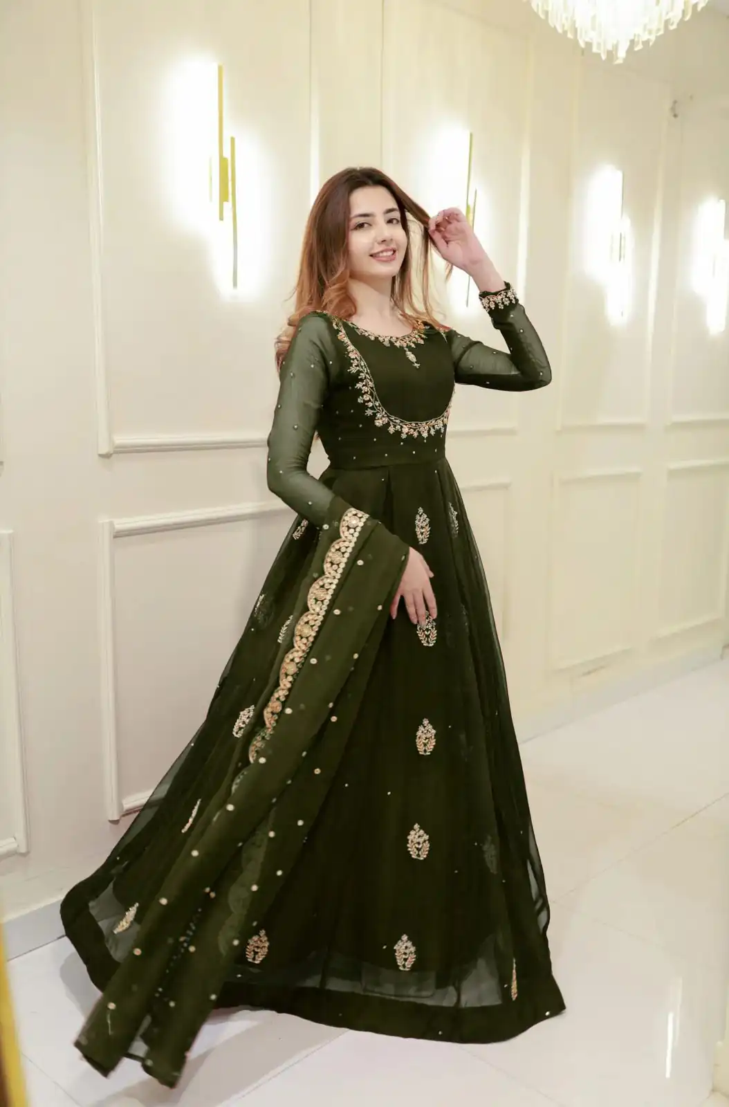 Mehendi Georgette Embroidery Work Gown | Gowns, Bollywood Gowns, Creative Gowns, Designer Gowns, Embroidered Gowns, Party Wear Gowns