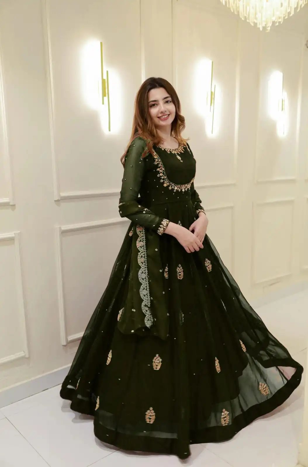 Mehendi Georgette Embroidery Work Gown | Gowns, Bollywood Gowns, Creative Gowns, Designer Gowns, Embroidered Gowns, Party Wear Gowns