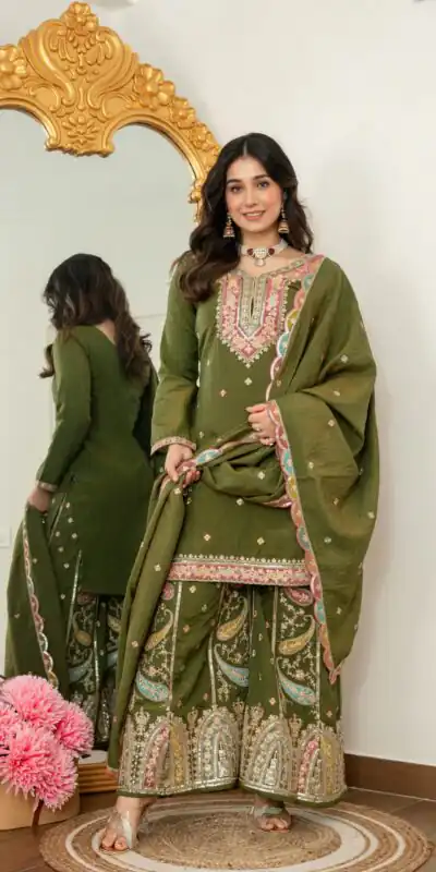 Mehendi Vichitra Silk Embroider Work Salwar Suit | Jump Suits, Salwar suit, Casual Suits, Creative suits, Designer Suits, Palazzo Suits, Party Wear Suits, Patiala Suits, Straight Suits