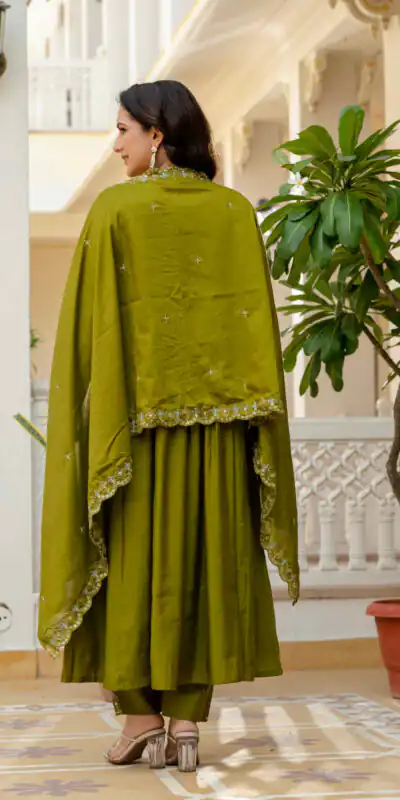 Mehendi Viscose Roman Silk Mirror Work Anarkali Suit | Anarkali Suits, Bollywood Anarkali, Creative-Anarkali, Designer Anarkali, Embroidered Anarkali, Party Wear Anarkali