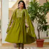 Mehendi Viscose Roman Silk Mirror Work Anarkali Suit | Anarkali Suits, Bollywood Anarkali, Creative-Anarkali, Designer Anarkali, Embroidered Anarkali, Party Wear Anarkali