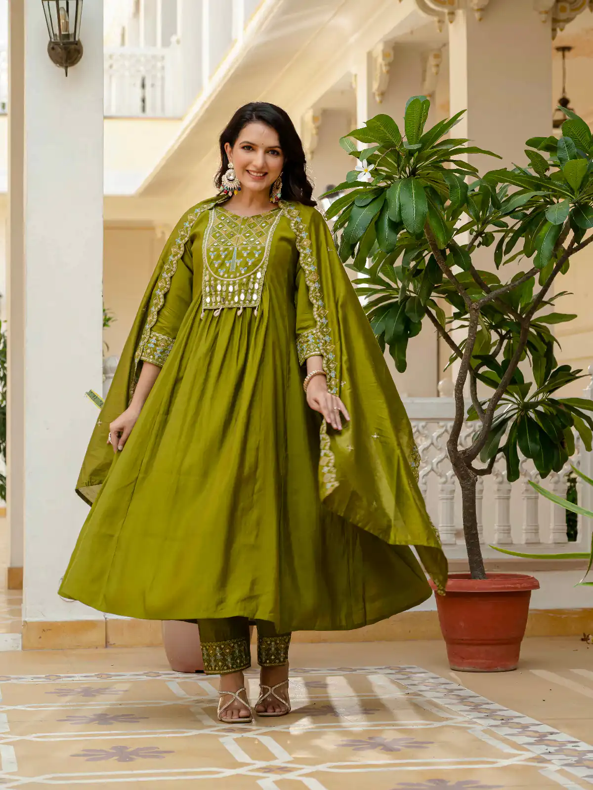 Mehendi Viscose Roman Silk Mirror Work Anarkali Suit | Anarkali Suits, Bollywood Anarkali, Creative-Anarkali, Designer Anarkali, Embroidered Anarkali, Party Wear Anarkali