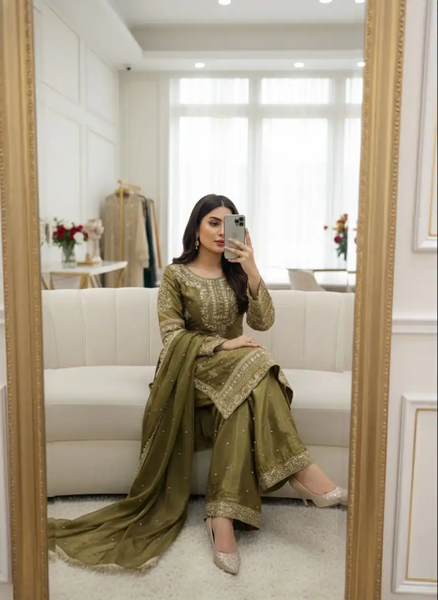 Mehendi Zimmy Silk Lace Embroidery Work Salwar Suit | Jump Suits, Salwar suit, Casual Suits, Creative suits, Designer Suits, Palazzo Suits, Party Wear Suits, Patiala Suits, Straight Suits