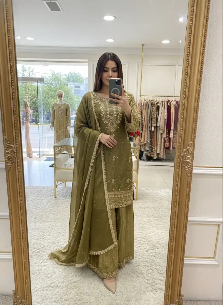 Mehendi Zimmy Silk Lace Embroidery Work Salwar Suit | Jump Suits, Salwar suit, Casual Suits, Creative suits, Designer Suits, Palazzo Suits, Party Wear Suits, Patiala Suits, Straight Suits