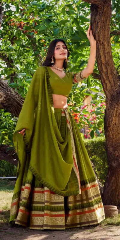 Mehndi Chanderi Plain Lehenga Choli | Lehenga, Bollywood Lehenga, Creative Lehenga, Designer Lehenga, Embroidered Lehenga, Party Wear Lehenga
