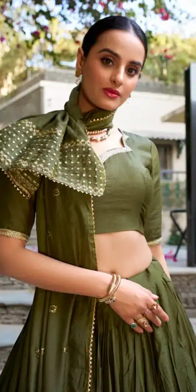 Mehndi Chanderi Plain With Zari Weaving Work Border Lehenga Choli | Lehenga, Bollywood Lehenga, Creative Lehenga, Designer Lehenga, Embroidered Lehenga, Party Wear Lehenga