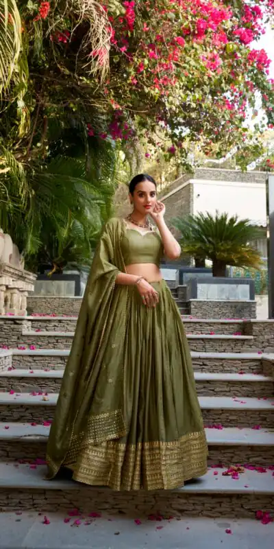 Mehndi Chanderi Plain With Zari Weaving Work Border Lehenga Choli | Lehenga, Bollywood Lehenga, Creative Lehenga, Designer Lehenga, Embroidered Lehenga, Party Wear Lehenga