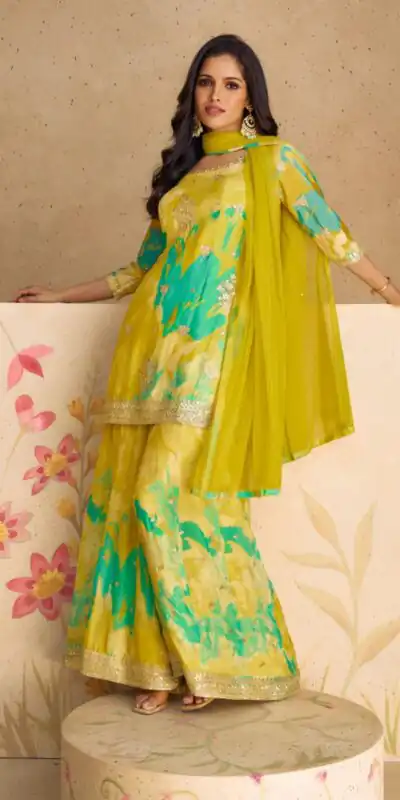 Mustad Yellow Chinon Printed Embroidery Work Sharara Suit | Jump Suits, Salwar suit, Casual Suits, Creative suits, Designer Suits, Palazzo Suits, Party Wear Suits, Patiala Suits, Straight Suits