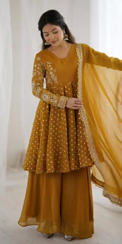 Mustard Crunchy Silk Embroidery Work Salwar Suit | Jump Suits, Salwar suit, Casual Suits, Creative suits, Designer Suits, Palazzo Suits, Party Wear Suits, Patiala Suits, Straight Suits