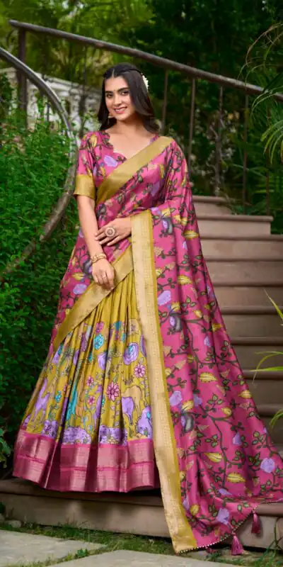 Mustard Dola Silk Kalamkari Print Zari Lehenga Choli | Lehenga, Bollywood Lehenga, Creative Lehenga, Designer Lehenga, Embroidered Lehenga, Party Wear Lehenga