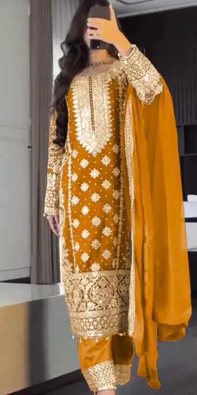 Mustard Faux Georgette Embroidery Salwar Suit | Jump Suits, Salwar suit, Casual Suits, Creative suits, Designer Suits, Palazzo Suits, Party Wear Suits, Patiala Suits, Straight Suits