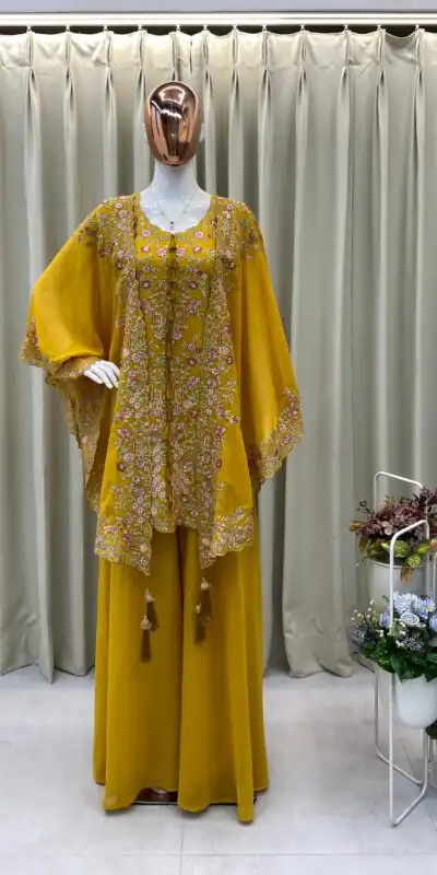 Mustard Faux Georgette Embroidery Work Salwar Suit | Jump Suits, Tops & Bottoms, Track Suits, Salwar suit, Casual Suits, Creative suits, Designer Suits, Palazzo Suits, Party Wear Suits, Patiala Suits, Straight Suits, Trendy Wear