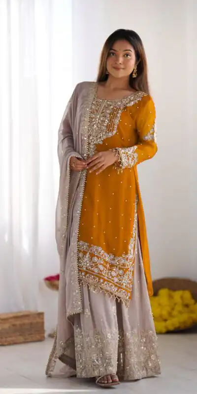 Mustard Faux Georgette With Moti Work Salwar Suit | Jump Suits, Salwar suit, Casual Suits, Creative suits, Designer Suits, Palazzo Suits, Party Wear Suits, Patiala Suits, Straight Suits