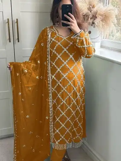 Mustard Georgette Embroidered Hand Work Salwar Suit | Jump Suits, Salwar suit, Casual Suits, Creative suits, Designer Suits, Palazzo Suits, Party Wear Suits, Patiala Suits, Straight Suits