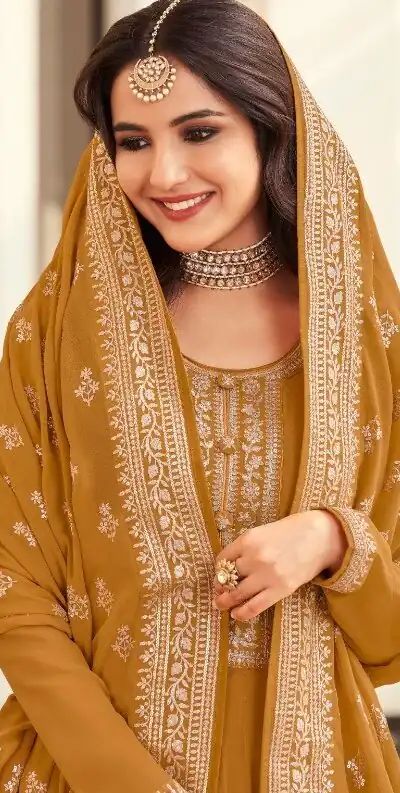 Mustard Georgette Embroidery Salwar Suit | Salwar suit, Casual Suits, Creative suits, Designer Suits, Palazzo Suits, Party Wear Suits, Patiala Suits, Straight Suits