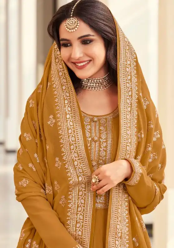 Mustard Georgette Embroidery Salwar Suit | Salwar suit, Casual Suits, Creative suits, Designer Suits, Palazzo Suits, Party Wear Suits, Patiala Suits, Straight Suits
