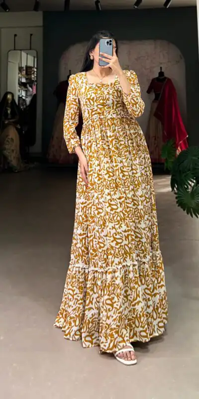Mustard Georgette Printed Gown | Gowns, Bollywood Gowns, Creative Gowns, Designer Gowns, Embroidered Gowns, Party Wear Gowns