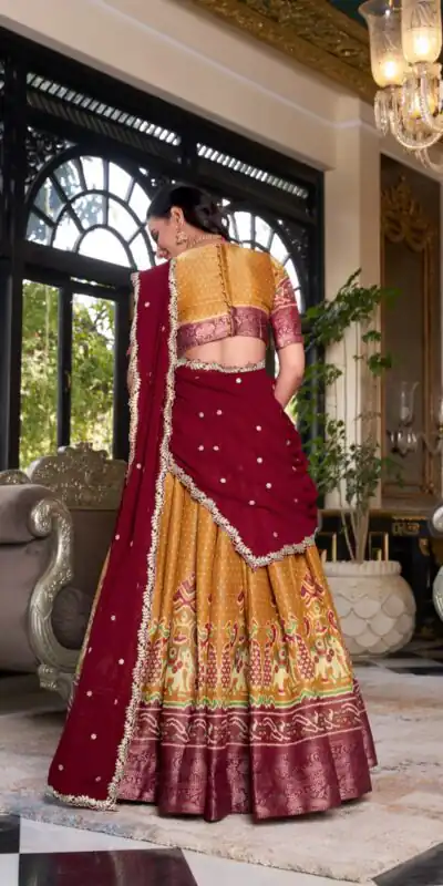 Mustard Kanchipuram Embroider Lehenga Choli | Lehenga, Bollywood Lehenga, Creative Lehenga, Designer Lehenga, Embroidered Lehenga, Party Wear Lehenga