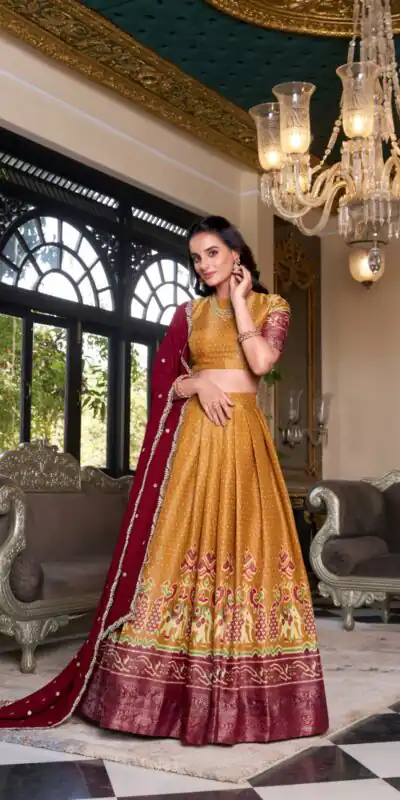 Mustard Kanchipuram Embroider Lehenga Choli | Lehenga, Bollywood Lehenga, Creative Lehenga, Designer Lehenga, Embroidered Lehenga, Party Wear Lehenga