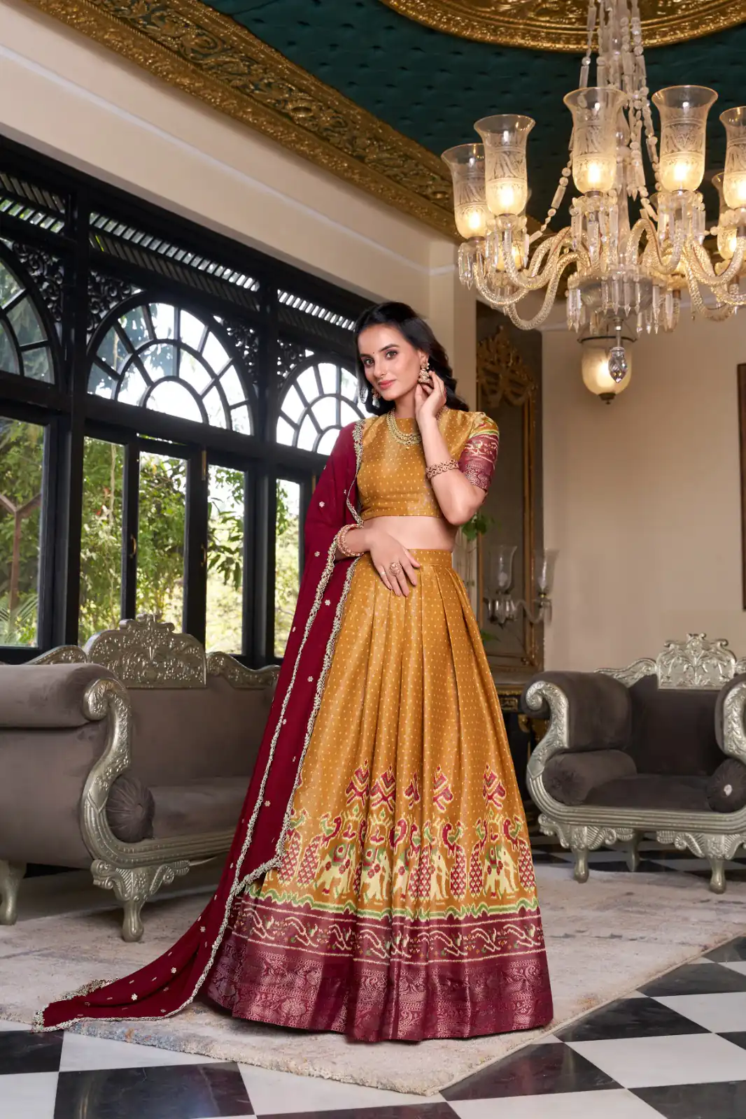 Mustard Kanchipuram Embroider Lehenga Choli | Lehenga, Bollywood Lehenga, Creative Lehenga, Designer Lehenga, Embroidered Lehenga, Party Wear Lehenga