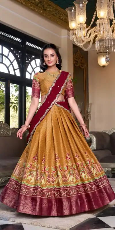Mustard Kanchipuram Embroider Lehenga Choli | Lehenga, Bollywood Lehenga, Creative Lehenga, Designer Lehenga, Embroidered Lehenga, Party Wear Lehenga