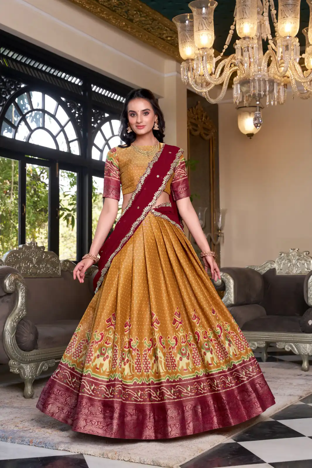 Mustard Kanchipuram Embroider Lehenga Choli | Lehenga, Bollywood Lehenga, Creative Lehenga, Designer Lehenga, Embroidered Lehenga, Party Wear Lehenga