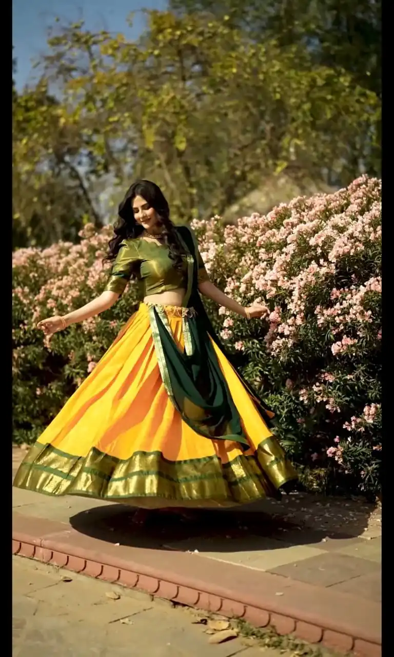 Mustard Kanchipuram Zari Weaving Lehenga Choli | Lehenga, Bollywood Lehenga, Creative Lehenga, Designer Lehenga, Embroidered Lehenga, Party Wear Lehenga