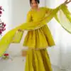 Mustard Mal Chanderi Mirror Work Salwar Suit | Jump Suits, Tops & Bottoms, Track Suits, Salwar suit, Casual Suits, Creative suits, Designer Suits, Palazzo Suits, Party Wear Suits, Patiala Suits, Straight Suits, Trendy Wear