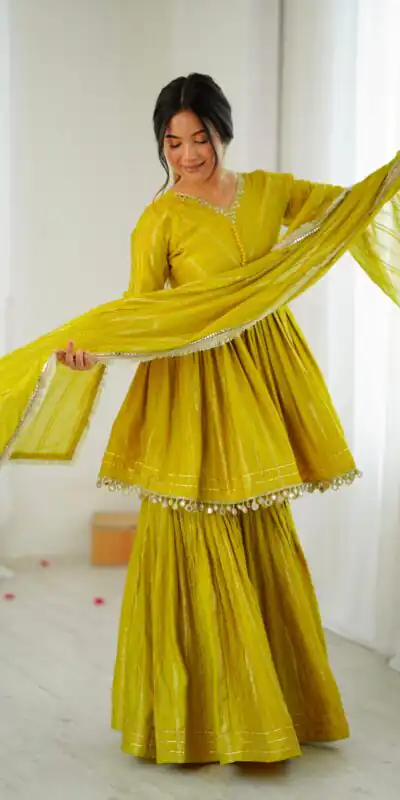 Mustard Mal Chanderi Mirror Work Salwar Suit | Jump Suits, Tops & Bottoms, Track Suits, Salwar suit, Casual Suits, Creative suits, Designer Suits, Palazzo Suits, Party Wear Suits, Patiala Suits, Straight Suits, Trendy Wear