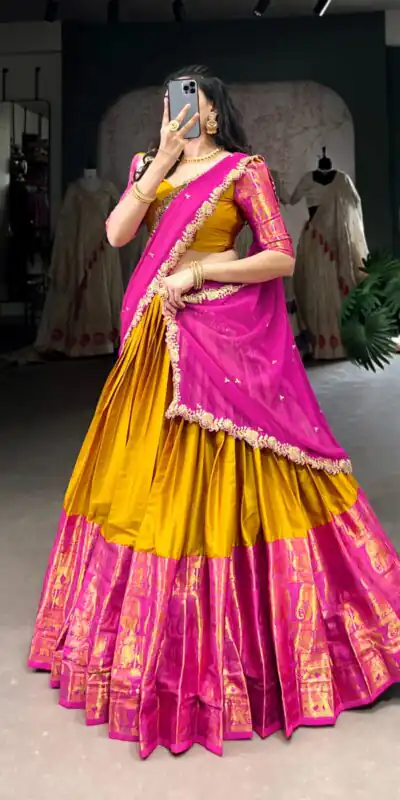 Mustard Narayan Pattu Zari Weaving Work Lehenga Choli | Lehenga, Bollywood Lehenga, Creative Lehenga, Designer Lehenga, Embroidered Lehenga, Party Wear Lehenga