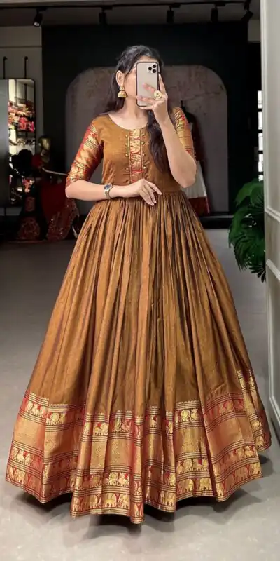 Mustard Narayan Pet Zari Weaving Work Gown | Gowns, Bollywood Gowns, Creative Gowns, Designer Gowns, Embroidered Gowns, Party Wear Gowns