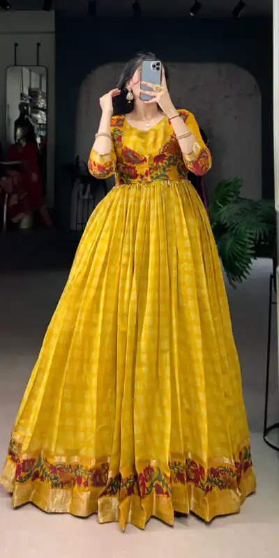 Mustard Polyester Viscose Chanderi Gown | Gowns, Bollywood Gowns, Creative Gowns, Designer Gowns, Embroidered Gowns, Party Wear Gowns
