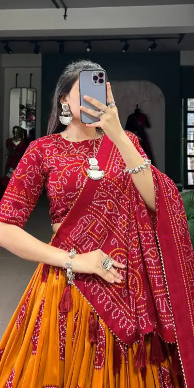 Mustard Tasar Bandhej Lehenga Choli | Lehenga, Bollywood Lehenga, Creative Lehenga, Designer Lehenga, Embroidered Lehenga, Party Wear Lehenga