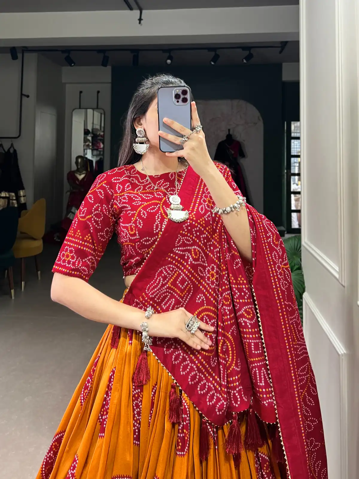 Mustard Tasar Bandhej Lehenga Choli | Lehenga, Bollywood Lehenga, Creative Lehenga, Designer Lehenga, Embroidered Lehenga, Party Wear Lehenga